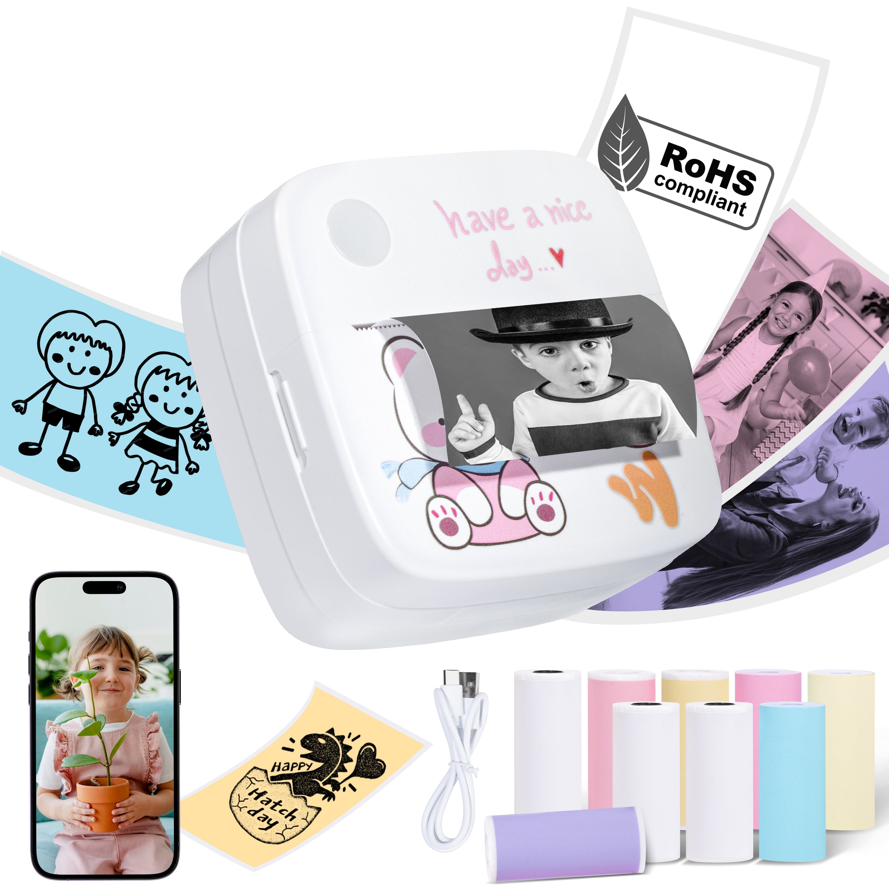 Mini imprimante thermique portable rose avec 13 rouleaux – Pour tickets, étiquettes et notes