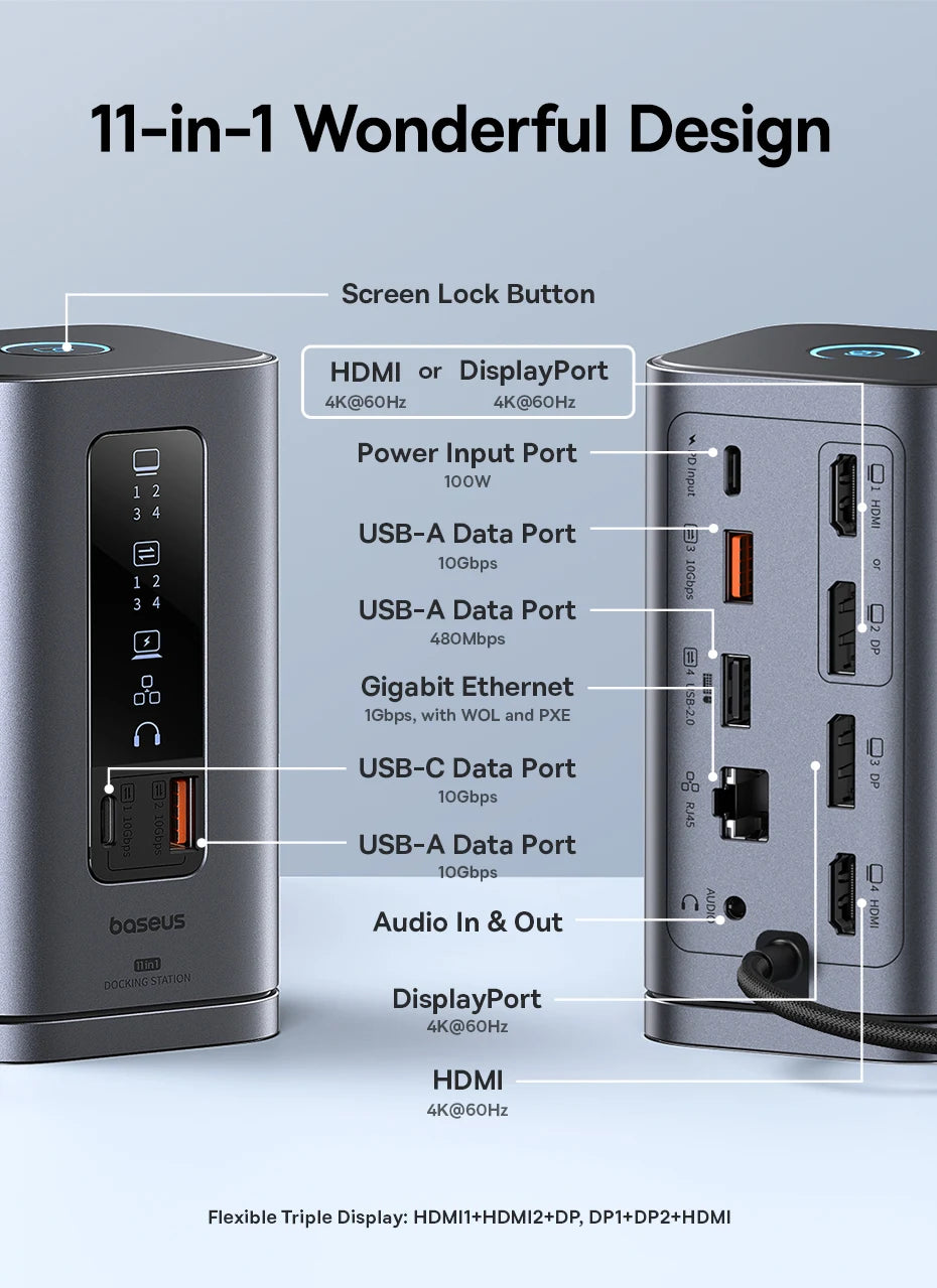 Station d'accueil Baseus 11-en-1 USB-C Hub avec HDMI et DisplayPort